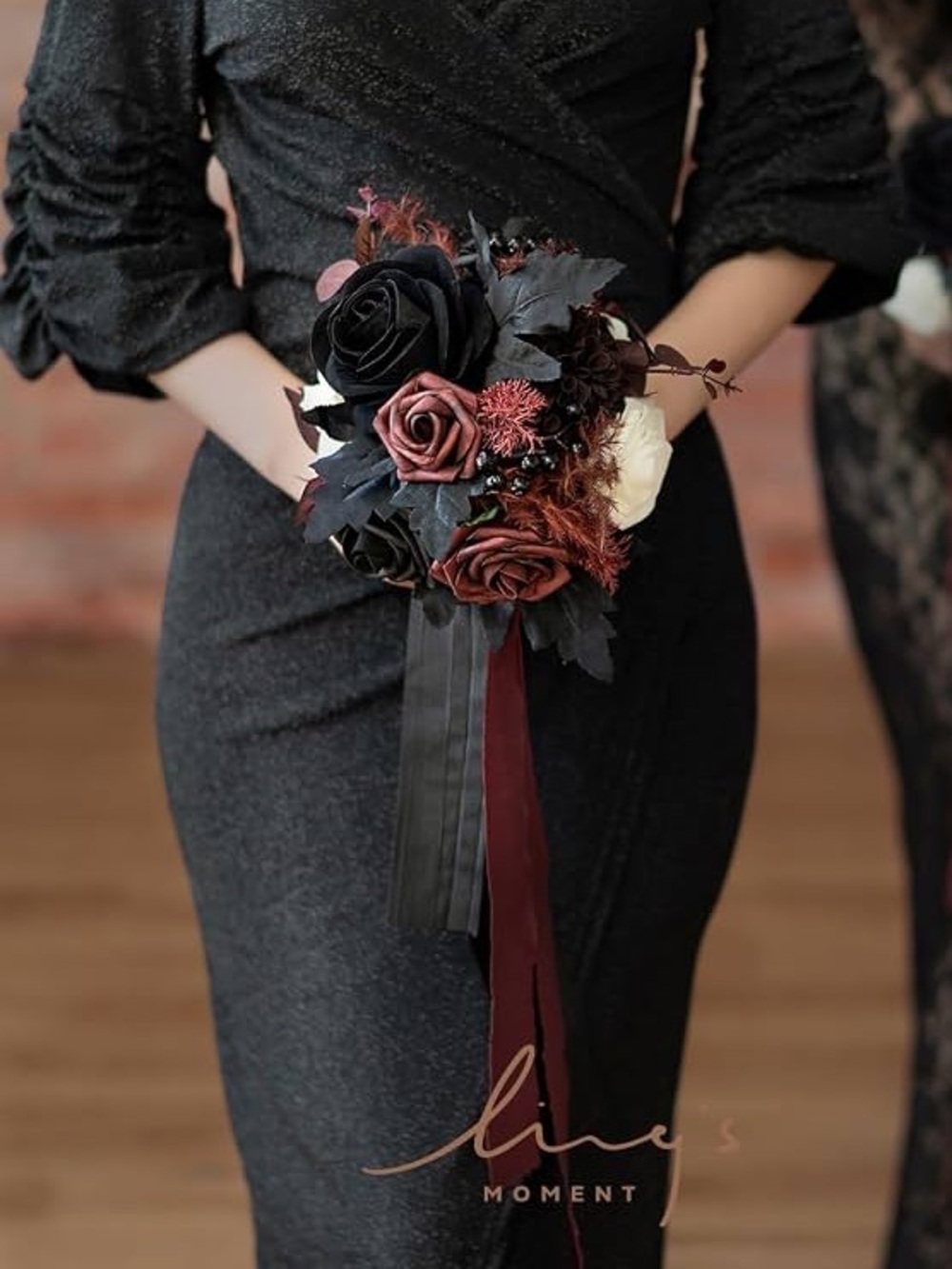 Ling's Moment Artificial Burgundy & Black Gothic Bouquet 7”